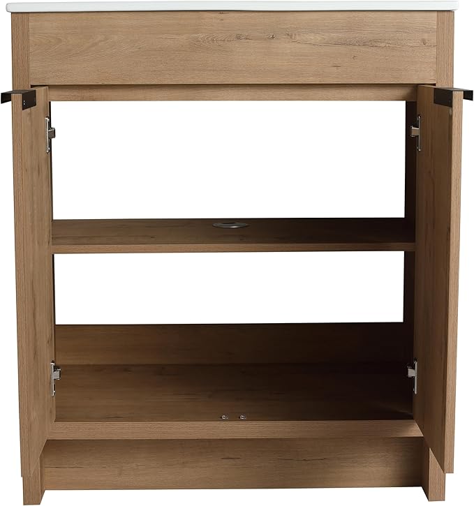 SSLine 30-Inch Bathroom Vanity with Sink Mid-Century Bathroom Vanities with Top Basin Floor Wood Bathroom Sink Cabinet with Soft-Close Doors & Adjustable Storage Shelves (Natural Brown)