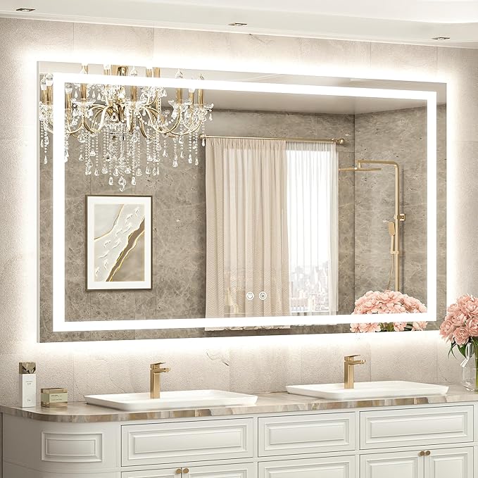 TETOTE 55 x 36 LED Light up Bathroom Mirror, Brighter Lighted Bathroom Vanity Mirror with Led Lights, Front and Backlit 3-Color Dimmable Anti Fog Illuminated Mirror, Waterproof, Shatterproof