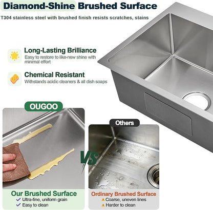25x18 Inch Kitchen Sink Drop in, 9" Deep Single Bowl, Brushed | Premium T-304 Grade Stainless Steel Sink, , R10 Tight Corner, 2 Pre-Drilled Holes, Topmount Sink with Strainer