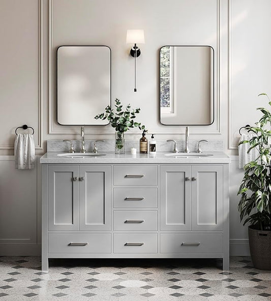 ARIEL Cambridge 60-inch Bathroom Vanity with Sink,Solid Wood, 1.5-inch Italian Carrara Marble Countertop & Backsplash, Double Oval Porcelain Sink, 4 Soft Closing Doors, 6 Dovetail Drawers, Grey