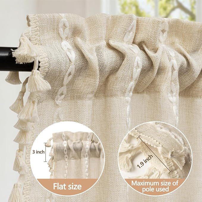 Seenus Boho Farmhouse Linen Valance Curtain, 52x18 inch Soft Light Filtering & Privacy Window Valance with Tassels for Living Room Kitchen Bathroom, Rod Pocket, Beige Cream