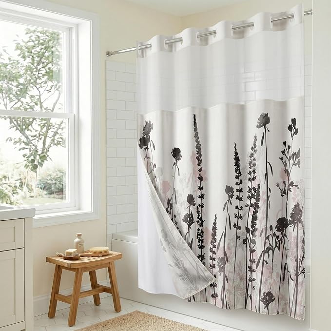 Americanflat 72x75 Hookless Shower Curtain - Water-Resistant Floral Shower Curtain with Sheer Panel, Snap-in Liner, and Grommets - 100% Polyester - Botanical Bathroom Curtains - Black, Pink and White