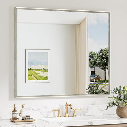 Keonjinn 42 x 36 Inch Brushed Nickel Bathroom Mirrors for Over Sink | Metal Frame, Rectangular Mirrors for Wall, Anti Rust, Rustic Bathroom Vanity Mirror, Safety HD Tempered Glass, Square Corner