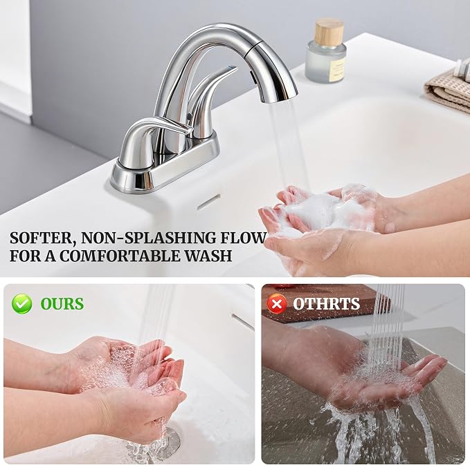 Bathroom Sink Faucet with Sprayer, 4 Inch Faucet Chrome with Pop Up Drain | Ultimate Unicorn Centerset Pull Down Vanity Faucets 3 Hole- Two Handle Modern Washbasin Tap Set for Rv Lavatory Restroom