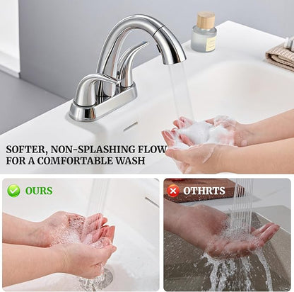 Bathroom Sink Faucet with Sprayer, 4 Inch Faucet Chrome with Pop Up Drain | Ultimate Unicorn Centerset Pull Down Vanity Faucets 3 Hole- Two Handle Modern Washbasin Tap Set for Rv Lavatory Restroom