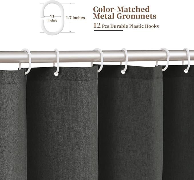BTTN Extra Long Shower Curtain, 90 Inch Boho Scalloped Linen Textured Thick Fabric Shower Curtain Set with 12 Hooks, Tall Vintage Country Waterproof Shower Curtains for Bathroom, 72x90, Charcoal Grey