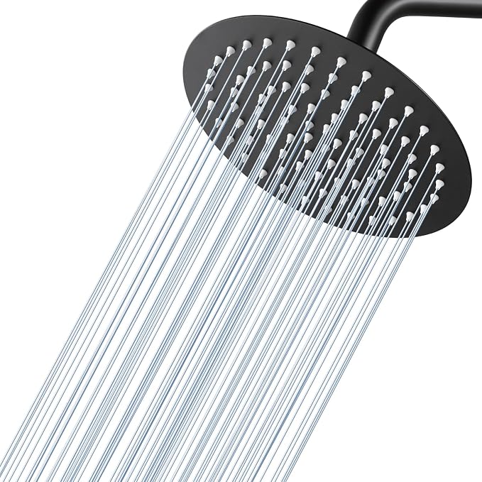 8 Inch Matte Black Round Rainfall Shower Head, All Metal Stainless Steel Rain Shower Heads with 90 Anti-Clog Silicone Nozzles, Wall or Ceiling Mount