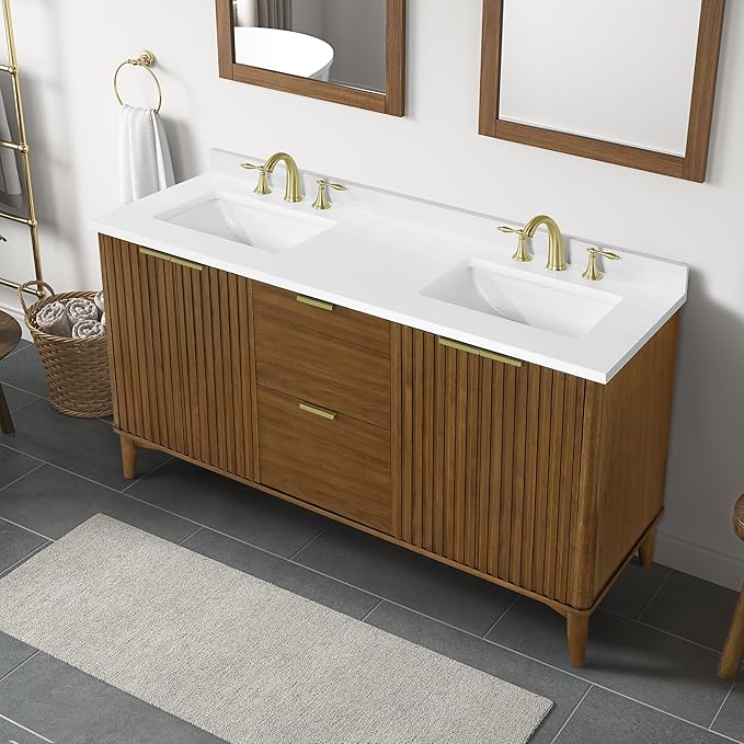 OVE Decors Indy 60 in. Undermount Double Sink Bathroom Vanity with White Engineered Marble Top, Warm Walnut