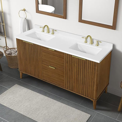 OVE Decors Indy 60 in. Undermount Double Sink Bathroom Vanity with White Engineered Marble Top, Warm Walnut