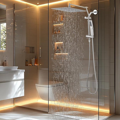 All Metal 12 Inch Rain Shower Head with Handheld Spray Combo, High Pressure Waterfall Rainfall Square Shower Heads with 16" Adjustable Extension Arm, Dual Showerhead with 3-Way Diverter,Brushed Nickel