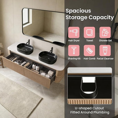 72" Floating Bathroom Vanity with Double Black Sink, Honey Oak | Pre-Assembled Fluted Wall Mounted Vanity with Ceramic Sink, Sintered Stone Countertop, Soft-Close Drawers & Towel Rack