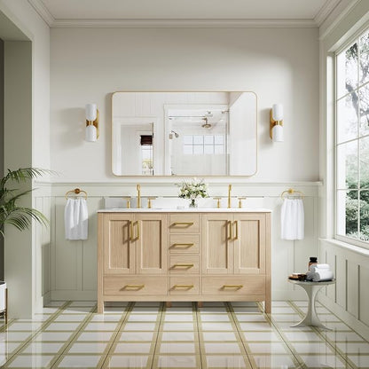60-Inch Bathroom Vanity with Sink, Bathroom Freestanding Vanity W/ 4 Doors and 6 Drawers, Solid Wood Cabinet Vanity with Cultured Marble Countertop, Oak Vanity & Brushed Gold Handles