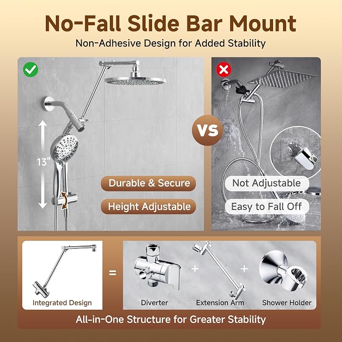 BRIGHT SHOWERS Rain Shower System with Handheld, High Pressure Dual Shower Head Combo, 9-Spray Modes, Adjustable Slide Bar & Extension Arm, 3-Way Diverter, Built-in Power Wash, 69" Hose, Chrome
