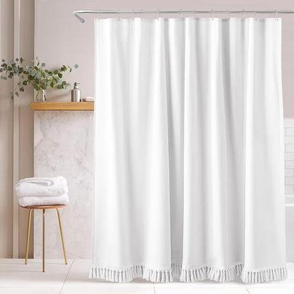 Linen Shower Curtain Boho White Shower Curtain with Tassels 72"W x 84"L | Thick linen-poly blend, soft textured drape, handcrafted fringe, neutral rustic farmhouse bathroom decor