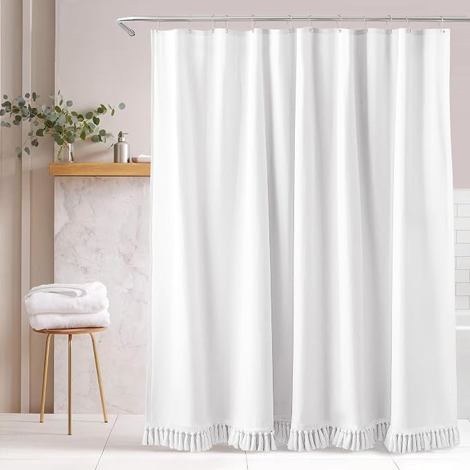 Linen Shower Curtain Boho White Shower Curtain with Tassels 72"W x 72"L | Thick linen-poly blend, soft textured drape, handcrafted fringe, neutral rustic farmhouse bathroom decor