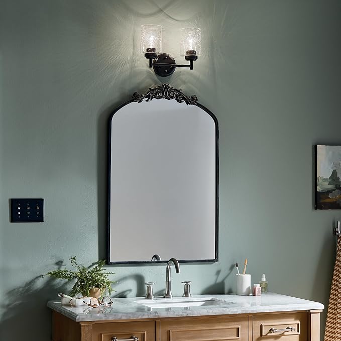 Kichler Winslow 2-Light Farmhouse Vanity Light, Black | Clear seeded glass vanity light with industrial styling (12.75" x 9.25" x 6.5"), 45885BK