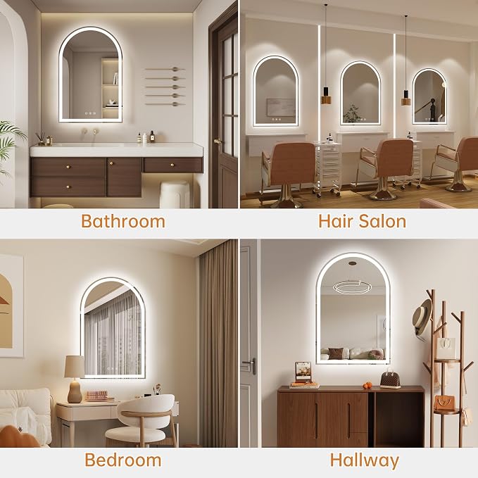 24"x36" Arched LED Lighted Bathroom Mirror with Lights | Fogless, Dimmable, Shatterproof, Touch Sensor, 3 Color Changing