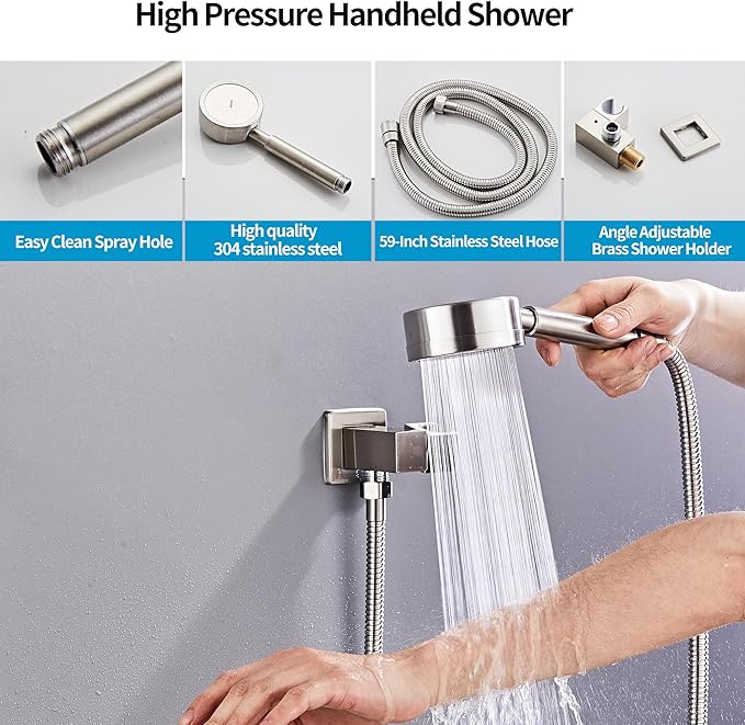 Brushed Nickel Rainfall Shower Head, Wall Mounted 12 Inch Shower Heads with Handheld Spray Combo, Luxury Bathroom Square Rain Shower System, Solid Brass Pressure Balancd Shower Faucet Valve