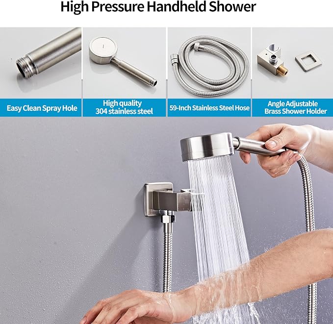 Brushed Nickel Rainfall Shower Head, Wall Mounted 8 Inch Shower Heads with Handheld Spray Combo, Luxury Bathroom Square Rain Shower System, Solid Brass Pressure Balancd Shower Faucet Valve