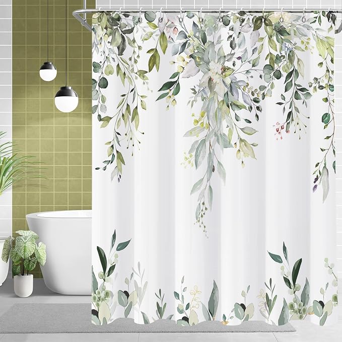 Sage Green Eucalyptus Shower Curtain, Watercolor Leaves Plant Spring Floral Waterproof Fabric Machine Washable with Hooks for Bathroom Bathtub 60Wx72H