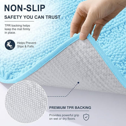 Smiry Thick Chenille Bathroom Runner Rugs 44x24, Soft Bath Mat, Sky Blue | Quick‑Dry & Machine Washable, Non‑Slip Bath Carpet, Striped Bath Rugs for Tub & Shower, Modern Home Decor Accessories
