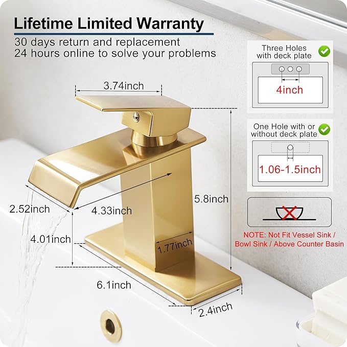 Gold Bathroom Faucet Single Handle, Brass Waterfall Bathroom Faucet, 4 Inch Bathroom Faucets 1 Hole or 3 Holes Bathroom Sink Faucets with Deck Plate & Pop-Up Drain for Public Sinks No Splashing