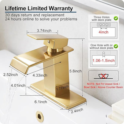 Gold Bathroom Faucet Single Handle, Brass Waterfall Bathroom Faucet, 4 Inch Bathroom Faucets 1 Hole or 3 Holes Bathroom Sink Faucets with Deck Plate & Pop-Up Drain for Public Sinks No Splashing