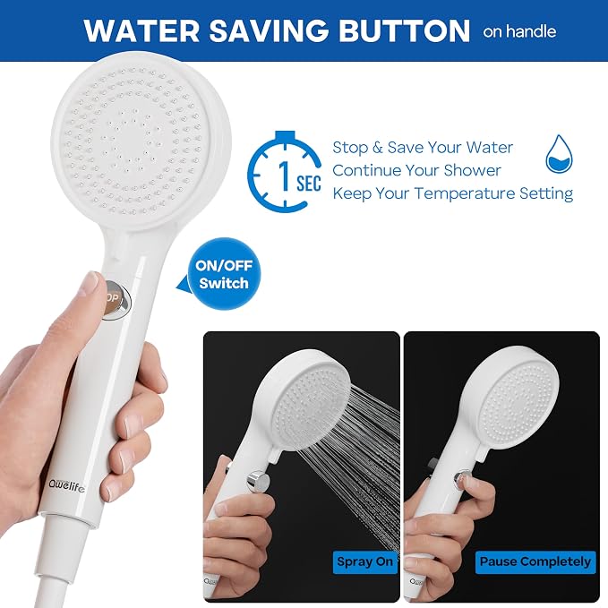RV Shower Head with Hose and On/Off Button, High Pressure 5 Mode Shower Head Replacement, Easy Install, White –Upgrade for RV, Camper, Van, Travel Trailer, Motorhome, Boat and Tiny Home
