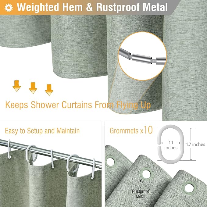 60x72 Linen Textured Waterproof Fabric Shower Curtain Set, Sage Green | Narrow Size, 230GSM Polyester, Heavy Duty Cloth, Weighted Hem, 10 Plastic Hooks, Modern Luxury Hotel Style, Machine Washable