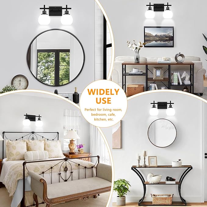 2-Light Black Bathroom Lighting Fixtures Over Mirror,Modern Vanity Lighting Fixtures,Bathroom Wall Mounted Vanity Light with Milky White Glass Lampshade for Living Room，Bedroom，Hallway