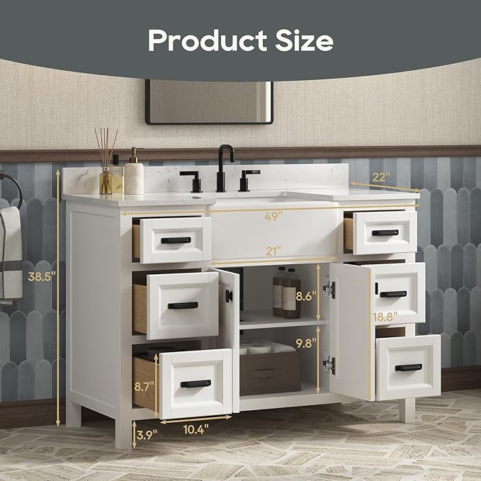 48 Inch Bathroom Vanity with Sink, Farmhouse Bathroom Sink Cabinet with Adjustable Feets, Solid Wooden Frame Single Sink Bathroom Vanity with Soft Closing Doors, Apron Farm Sink, White