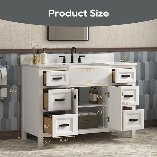 48 Inch Bathroom Vanity with Sink, Farmhouse Bathroom Sink Cabinet with Adjustable Feets, Solid Wooden Frame Single Sink Bathroom Vanity with Soft Closing Doors, Apron Farm Sink, White