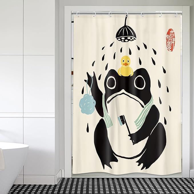 LGhtyro Funny Frog Retro Shower Curtain Bathroom Set 48Wx71H Inches Cute Asian StyleTraditional Japanese Animal Rubber Duck Children Kids Bath Accessories Frog Art Home Decor Fabric 8 Pack Hooks