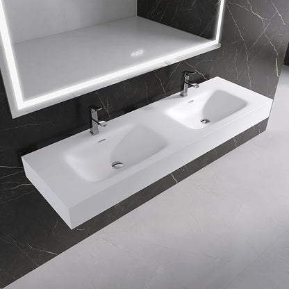 Wall Mount Double Bathroom Sink 59"L x 18"W x 5"H, Resin Stone Floating Sink with Facuet Holes, Rectangle Countertop Freestanding Vessel Sinks (Double Holes 59'')