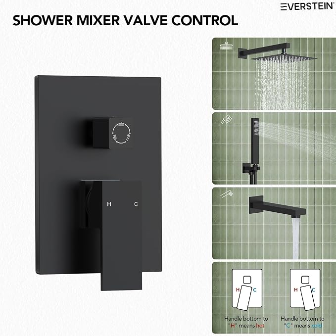 Shower Tub Faucet Set, 10" Bathroom Rainfall Shower Head Fixtures Combo with Handheld Spray and Tub Spout, Matte Black (Valve Included)