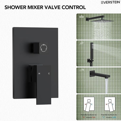 Shower Tub Faucet Set, 10" Bathroom Rainfall Shower Head Fixtures Combo with Handheld Spray and Tub Spout, Matte Black (Valve Included)