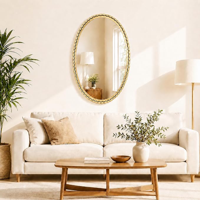 24"x36" Oval Wall Mirror, Antique Gold Bold Beaded Frame | Decorative oval mirror hangs vertically or horizontally for bathroom vanity, powder room, bedroom, entryway, or living room