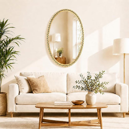 24"x36" Oval Wall Mirror, Antique Gold Bold Beaded Frame | Decorative oval mirror hangs vertically or horizontally for bathroom vanity, powder room, bedroom, entryway, or living room