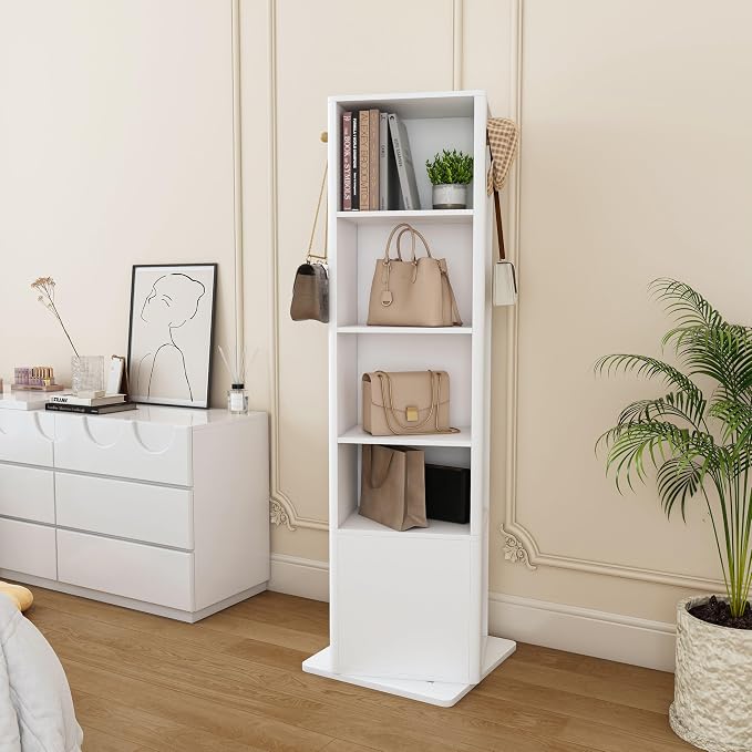 360° Rotating Jewelry Cabinet, 66.5" Standing Jewelry Armoire with Full-Length Mirror + Hidden Storage + 4-Tier Shelf + Coat Racks, Multi-Functional Jewelry Organizer for Bedroom, Entryway