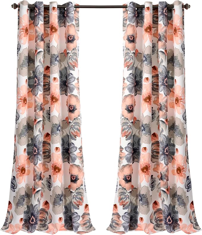Lush Decor Leah Light Filtering Window Curtain Panels, Pair, 52" W x 84" L, Coral & Gray - Floral Drapes for Bedroom - Coral Curtains - Farmhouse Decor
