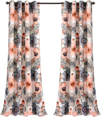 Lush Decor Leah Light Filtering Window Curtain Panels, Pair, 52" W x 84" L, Coral & Gray - Floral Drapes for Bedroom - Coral Curtains - Farmhouse Decor