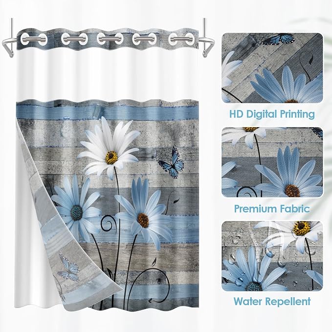 No Hook Shower Curtain with Snap in Liner 71x86 Inch Floral Blue | Farmhouse Rustic Butterfly Modern Double Layers Waterproof Fabric with See Through Top Window Open Grommet Bath Curtain