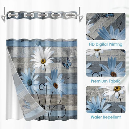No Hook Shower Curtain with Snap in Liner 71x86 Inch Floral Blue | Farmhouse Rustic Butterfly Modern Double Layers Waterproof Fabric with See Through Top Window Open Grommet Bath Curtain