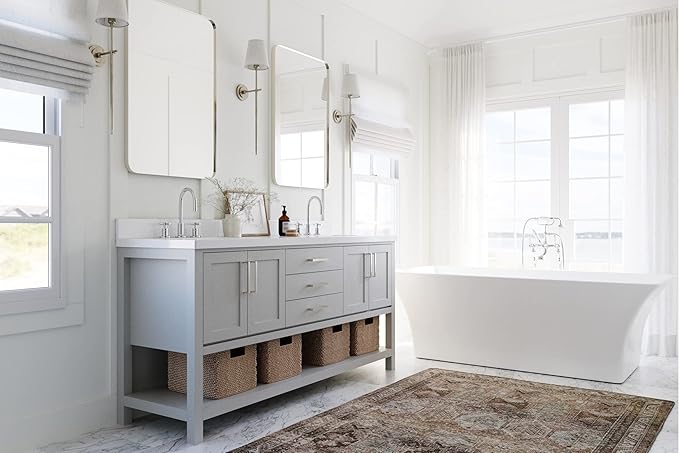 ARIEL Hutton 72-inch Bathroom Vanity with Sink,Solid Wood, 1.5-inch Pure White Quartz Countertop & Backsplash, Double Rectangular Porcelain Sink, 4 Soft Closing Doors, 3 Dovetail Drawers, Grey