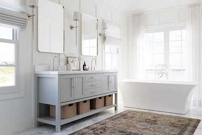 ARIEL Hutton 72-inch Bathroom Vanity with Sink,Solid Wood, 1.5-inch Pure White Quartz Countertop & Backsplash, Double Rectangular Porcelain Sink, 4 Soft Closing Doors, 3 Dovetail Drawers, Grey