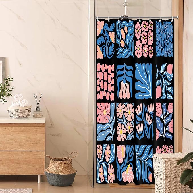 JAWO Pink Turquoise Shower Curtain for Bathroom, Retro Boho Floral Bathroom Curtain Decor, Vintage Abstract Botanical Geometric Groovy Aesthetic Pattern Shower Curtain Sets with 12 Hooks,47X64IN