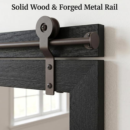 27"x49" Black Wood Grain Barn Door Wall Mirror with Wood Header | 100% solid wood, HD tempered glass, bronze-tone iron rail; large farmhouse wall mirror for double vanity, mantel, entryway