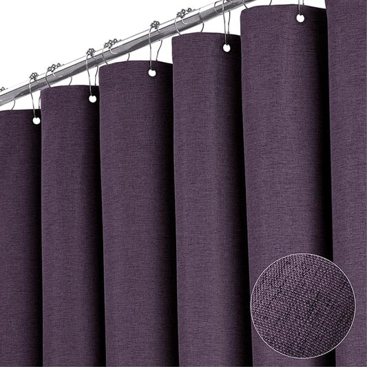 72x78 Linen Textured Waterproof Thcik Fabric Shower Curtain, Purple | Long Size, 230GSM Polyester, Heavy Duty Cloth, Weighted Hem, 12 Plastic Hooks, Modern Luxury Hotel Style, Machine Washable