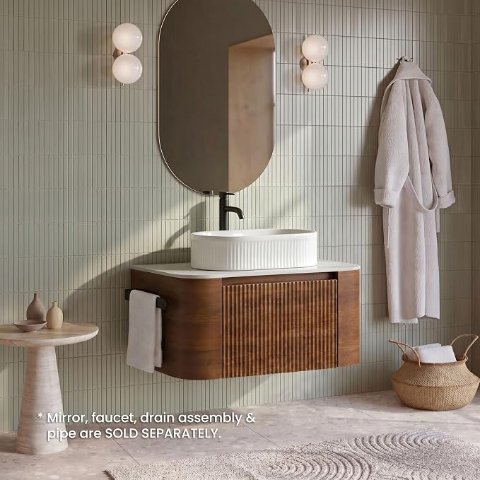 30" Preassembled Floating Bathroom Vanity with White Sink, Walnut | Mid-Century Modern Style, Fluted & Soft-Close Drawer with U-shaped Wall, Sinterted Stone Countertop, Towel Rack Included
