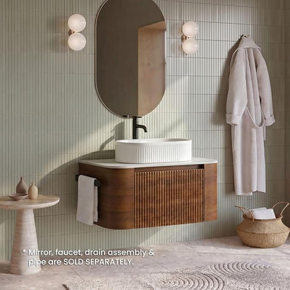 30" Preassembled Floating Bathroom Vanity with White Sink, Walnut | Mid-Century Modern Style, Fluted & Soft-Close Drawer with U-shaped Wall, Sinterted Stone Countertop, Towel Rack Included
